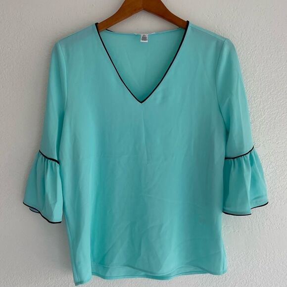 NWOT Calvin Klein Shirt V-neck Flare Sleeve Blouse Turquoise Size S - Picture 2 of 5